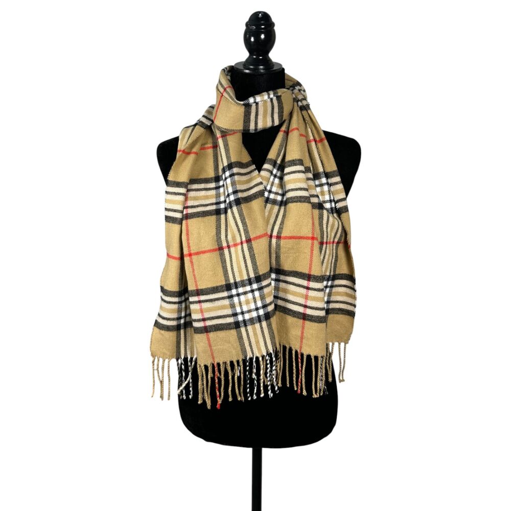 Kennedy Scotland Cashmere Check Plaid Brown Black Red Fringe Scarf
